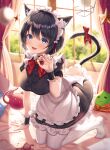  1girl absurdres animal_ears bauble bell black_hair blue_eyes blush bow bowtie breasts cat_ears cat_girl cat_tail fall_(aki) fang highres maid maid_headdress no_shoes original slime star_(symbol) tail tail_bow tail_ornament white_legwear wrist_cuffs 