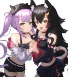  2girls animal_ear_fluff animal_ears bangs bare_shoulders blush cowboy_shot demon_girl fang highres holding_hands hololive looking_at_viewer midriff multiple_girls ookami_mio simple_background skin_fang smile st0427 tokoyami_towa virtual_youtuber white_background wolf_ears wolf_girl 