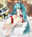  1girl absurdres aqua_eyes aqua_hair aqua_nails barefoot blurry blurry_background box candle christmas christmas_tree commentary foreshortening gift gift_box hatsune_miku headphones highres huge_filesize in_box in_container long_hair looking_at_viewer merry_christmas nail_polish naked_ribbon reaching reirou_(chokoonnpu) ribbon sitting smile solo sparkle symbol_commentary toenail_polish twintails very_long_hair vocaloid wooden_wall 