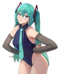  1girl absurdres bare_shoulders blue_eyes blue_hair blue_leotard blue_necktie collared_leotard cowboy_shot detached_sleeves grey_sleeves hands_on_hips hatsune_miku highres leotard long_hair looking_at_viewer necktie parted_lips rocher-hd simple_background smile solo symbol-only_commentary twintails very_long_hair vocaloid white_background 