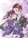  1boy 1girl antweiyi arm_around_shoulder bangs black_hair black_jacket brown_eyes brown_hair butterfly_hair_ornament checkered closed_mouth couple cowboy_shot flower hair_ornament hanafuda hetero hug jacket jacket_on_shoulders japanese_clothes jewelry kamado_tanjirou kimetsu_no_yaiba kimono long_hair long_sleeves obi outdoors purple_kimono sash scar_on_forehead shirt short_hair side_ponytail signature single_earring standing tsuyuri_kanao violet_eyes white_shirt wide_sleeves 