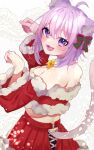  1girl ahoge animal_ears blush breasts cat_ears cat_girl cat_tail eyebrows_visible_through_hair highres hololive large_breasts looking_at_viewer nekomata_okayu open_mouth pleated_skirt purple_hair red_skirt santa_costume shaberu_hijiki short_hair skirt smile solo tail teeth violet_eyes virtual_youtuber 