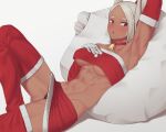 1girl abs animal_ears arm_up bell bell_choker black_panties boku_no_hero_academia breasts brown_eyes choker christmas commentary_request dark_skin gloves hand_on_own_chest highres looking_at_viewer looking_to_the_side lying medium_breasts midriff mirko navel on_back panties pillow putcher rabbit_ears red_choker red_legwear red_skirt santa_costume skirt solo thigh-highs under_boob underwear white_gloves white_hair