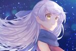  1girl bare_shoulders blue_scarf dress fire_emblem fire_emblem:_radiant_dawn hair_ribbon half_updo highres light_particles long_hair looking_away micaiah_(fire_emblem) night night_sky ribbon scarf silver_hair sky sleeveless sleeveless_dress smile solo star_(sky) starry_sky upper_body user_sryu7577 yellow_eyes 