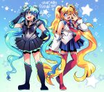  2girls alternate_hairstyle bangs bishoujo_senshi_sailor_moon black_gloves black_skirt blonde_hair blue_eyes blue_hair blue_skirt boots character_name cosplay costume_switch detached_sleeves elbow_gloves english_commentary gloves hair_between_eyes hairstyle_switch hatsune_miku knee_boots magical_girl multiple_girls one_eye_closed onsta open_mouth parted_bangs sailor_collar sailor_moon sailor_senshi_uniform skirt sleeves_past_wrists thigh-highs thigh_boots tsukino_usagi twintails v vocaloid 