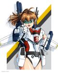  1980s_(style) 1girl ;) ahoge blue_eyes border brown_hair choujikuu_yousai_macross commentary commission english_commentary eyebrows_visible_through_hair finger_gun gloves hand_on_hip jose_salot leotard long_hair looking_at_viewer macross making-of_available mecha_musume one_eye_closed personification pointing pointing_at_viewer retro_artstyle smile solo twitter_username upper_body variable_fighter vf-1 visor white_border white_gloves white_leotard 