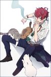  1boy aqua_hair bags_under_eyes belt black_footwear blazer_removed brown_cat cat full_body green_neckwear grey_cat hair_between_eyes highres hypnosis_mic id_card kannonzaka_doppo lanyard male_focus messy_hair miyuki_(10_th) multicolored_hair necktie pants redhead shirt shoes short_hair sitting smoking solo striped striped_shirt vertical-striped_shirt vertical_stripes watch watch white_cat white_shirt 