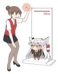 2girls :&lt; amatsukaze_(kantai_collection) ataru_(ataru-littlebird) black_footwear brown_dress brown_eyes brown_hair character_request chibi collared_shirt commentary_request dress eyebrows_visible_through_hair hair_bun hair_tubes hand_on_own_knee hat height_difference high_heels highres kantai_collection lifebuoy long_hair long_sleeves looking_at_another mini_hat miniskirt multiple_girls no_eyes no_nose open_mouth pantyhose red_legwear red_vest sailor_collar sailor_dress shirt short_dress short_eyebrows short_sleeves silver_hair simple_background skirt speech_bubble spoken_x striped striped_legwear sweatdrop tearing_up two_side_up v-shaped_eyebrows vest white_background white_shirt windsock x 
