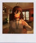  1girl absurdres ahoge black_hair breasts collared_shirt colored_inner_hair english_commentary enma-chan expressionless glasses hair_between_eyes highres hololive hololive_english id_card looking_at_viewer medium_breasts multicolored_hair polaroid red_eyes redhead shirt solo v vincent_wu white_shirt 