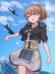  1girl :d aircraft airplane black_shirt blue_eyes blush brown_hair dated grey_skirt hair_between_eyes highres intrepid_(kantai_collection) kantai_collection monoku neckerchief ocean open_mouth ponytail shirt short_hair short_sleeves skirt smile solo sparkle 