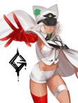  1girl bandaged_arm bandaged_leg bandages breasts cape clover dark_skin dark-skinned_female four-leaf_clover guilty_gear guilty_gear_strive hat looking_at_viewer medium_hair navel outstretched_arm peaked_cap platinum_blonde_hair ramlethal_valentine reaching_out shorts sideboob sleeveless solo tetsu_(kimuchi) thigh_strap white_background white_cape white_shorts yellow_eyes 