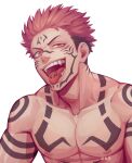  1boy black_hair chest_tattoo completely_nude facial_mark fangs forehead_mark highres itadori_yuuji jujutsu_kaisen looking_at_viewer male_focus multicolored_hair muscular muscular_male nipples nude open_mouth pectorals pink_hair red_eyes ryoumen_sukuna_(jujutsu_kaisen) salmon_(657931354) short_hair solo tattoo tongue tongue_out two-tone_hair undercut upper_body white_background 