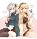  2girls :d ahoge back-to-back bangs black_hairband black_legwear black_skirt blonde_hair blue_bow blue_eyes blush bow breasts candy checkered checkered_dress checkered_skirt collarbone commentary_request dress fletcher_(kantai_collection) food grey_eyes hair_ribbon hairband hand_up heart heart_lollipop holding holding_candy holding_food holding_hands holding_lollipop jacket kantai_collection large_breasts lollipop long_hair long_sleeves looking_at_viewer multiple_girls one_side_up open_mouth pink_bow ribbed_sweater ribbon shakemi_(sake_mgmgmg) short_over_long_sleeves short_sleeves silver_hair sitting skirt sleeves_past_wrists smile star_(symbol) striped suzutsuki_(kantai_collection) sweater sweater_dress symbol_commentary thigh-highs very_long_hair violet_eyes white_skirt yuri zettai_ryouiki 