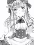  1girl apron blush closed_mouth copyright_request double-breasted eyebrows_visible_through_hair greyscale hat head_tilt highres looking_at_viewer monochrome nanashi_(nlo) simple_background skirt_hold smile solo waist_apron white_background 
