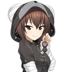  1girl blush boko_(girls_und_panzer) brown_eyes brown_hair closed_mouth excel_(shena) eyebrows_visible_through_hair girls_und_panzer hair_between_eyes highres long_sleeves looking_at_viewer nishizumi_maho pajamas short_hair smile solo sparkle upper_body 