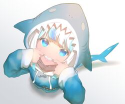  1girl animal_hood bangs blue_eyes blue_hair blunt_bangs fish_tail from_above gawr_gura highres hololive hololive_english hood looking_at_viewer looking_up making-of_available mouth_pull multicolored_hair shark_hood shark_tail sharp_teeth silver_hair sirafuji_masiro solo streaked_hair tail teeth v-shaped_eyebrows virtual_youtuber 