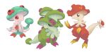  black_eyes breloom claws commentary creature english_commentary eye_contact full_body gen_3_pokemon highres looking_at_another no_humans pinkgermy pokemon pokemon_(creature) signature simple_background standing violet_eyes white_background 
