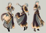  1girl blue_capelet blue_dress blue_hair blush blush_stickers braid brown_eyes capelet closed_eyes commentary crown_braid dress english_commentary epaulettes fire_emblem fire_emblem:_three_houses flower grey_background hand_on_own_chest highres holding holding_flower long_sleeves looking_at_viewer looking_away marianne_von_edmund red_flower short_hair shy_(ribboneels) simple_background smelling smelling_flower solo 