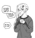  1girl bespectacled contemporary edelgard_von_hresvelg english_text fire_emblem fire_emblem:_three_houses glasses greyscale hair_ornament hairclip hands_clasped highres lips monochrome own_hands_together radiostarkiller semi-rimless_eyewear side_ponytail solo speech_bubble sweater under-rim_eyewear 