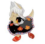  1other alternate_costume animal_ears apios1 bangs black_dress blush_stickers bow commentary dress eyebrows_visible_through_hair floral_print furry grey_hair hands_up horizontal_pupils long_hair made_in_abyss nanachi_(made_in_abyss) open_mouth orange_bow red_footwear shoe_removed shoes short_sleeves simple_background single_shoe sketch solo sweat tail whiskers white_background yellow_eyes 