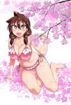  1girl amano_megumi amano_megumi_wa_suki_darake! aqua_eyes arm_support bangs barefoot bikini blush branch breasts bright_pupils brown_hair cherry_blossoms fang frilled_bikini frills full_body hair_over_shoulder highres holding holding_branch large_breasts long_hair looking_at_viewer navel nekoguchi official_art open_mouth photoshop_(medium) pink_bikini pink_theme side-tie_bikini sitting solo swimsuit yokozuwari 