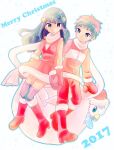  1boy 1girl blue_eyes boots breasts christmas closed_mouth hikari_(pokemon) dress gen_4_pokemon gloves holding_hands long_hair looking_at_viewer lucas_(pokemon) merry_christmas piplup pokemon pokemon_(game) pokemon_dppt scarf smile thigh-highs winter_clothes 