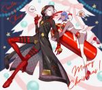  1boy 1girl animal_costume black_skin boots christmas_tree colored_skin fate/grand_order fate_(series) gloves hair_over_one_eye hassan_of_serenity_(fate) hooded_coat karna_(santa)_(fate) merry_christmas nishimura_eri punching_bag purple_hair red_gloves sheep_costume thigh-highs thigh_boots white_hair white_skin 