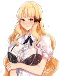  1girl bangs black_bow blonde_hair blush bow breasts casual eyebrows_visible_through_hair hair_bow highres keinesandayoooo large_breasts long_hair looking_at_viewer open_mouth princess_connect! princess_connect!_re:dive ribbon saren_(real)_(princess_connect!) skirt solo yellow_eyes 