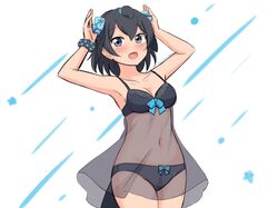  1girl :d absurdres armpits arms_up babydoll bangs bare_shoulders black_babydoll black_hair black_panties blue_bow blue_eyes bow bow_panties breasts collarbone cowboy_shot eyebrows_visible_through_hair greater_lophorina_(kemono_friends) hair_between_eyes hair_bow highres kemono_friends lingerie looking_at_viewer medium_breasts navel open_mouth panties scrunchie see-through shiraha_maru short_hair simple_background smile solo tail twitter_username underwear white_background wrist_scrunchie 