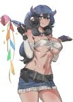  1girl :q animal_ears bandeau belt black_belt black_gloves black_hair blue_eyes blue_shorts blush bow_(bhp) breasts confetti cow_ears cow_horns cowboy_shot dark_skin dark-skinned_female gloves holding holding_toy horns large_breasts long_hair looking_at_viewer navel original partially_fingerless_gloves ponytail short_shorts shorts shrug_(clothing) simple_background smile solo standing strapless tongue tongue_out toy toy_gun tubetop white_background 