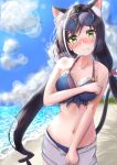  1girl absurdres animal_ear_fluff animal_ears artist_name bangs bare_shoulders beach bikini black_hair blue_swimsuit blurry blurry_background blush bow breasts cat_ears cat_girl cat_tail closed_mouth clouds cloudy_sky collarbone commentary_request dated day eyebrows_visible_through_hair green_eyes hair_bow highres karyl_(princess_connect!) long_hair miyama_mizuki(hoshihoshi1220) multicolored_hair navel nose_blush ocean outdoors princess_connect! princess_connect!_re:dive purple_bow short_shorts shorts sky solo standing streaked_hair sunglasses swimsuit swimwear tail white_hair 