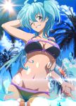  1girl ahoge bikini black_bikini blue_hair blush breasts cagliostro_(symphogear) collarbone eyebrows_visible_through_hair from_below groin highres large_breasts long_hair looking_at_viewer navel one_eye_closed outdoors palm_tree parted_lips senki_zesshou_symphogear shiny shiny_hair shiny_skin sky smile solo sun swimsuit swimwear tanashi_(mk2) teeth tree violet_eyes water_drop wet_lens 