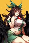  1girl :d absurdres bangs black_wings bow breasts bright_pupils brown_hair crop_top feathered_wings feet_out_of_frame frilled_skirt frills green_bow green_skirt hair_bow highres kneeling large_bow large_breasts light_particles long_hair looking_at_viewer navel open_mouth orange_background raptor7 red_eyes reiuji_utsuho scrunchie shoulder_tattoo sitting skirt sleeveless smile solo stomach stomach_tattoo tattoo thighs touhou white_pupils wings wrist_scrunchie 