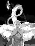  1boy apios1 backlighting belt character_request cloak closed_mouth commentary dark forehead greyscale highres looking_at_viewer made_in_abyss male_focus monochrome monster scar scar_on_face scarf short_hair sketch standing upper_body 