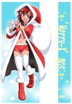  1girl blush breasts christmas graphite_(medium) hair_ornament hat hino_akane_(smile_precure!) looking_at_viewer millipen_(medium) navel onnaski open_mouth precure red_eyes redhead sack santa_costume santa_hat short_hair shorts smile smile_precure! solo thigh-highs traditional_media 