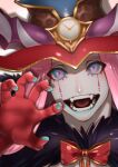  1boy arms_up blue_eyes blue_lipstick cape center_opening clock colored_skin curly_hair eyebrows_visible_through_hair fangs fate/grand_order fate_(series) fur-trimmed_cape fur_collar fur_trim gao hat headpiece highres horns lipstick long_hair makeup male_focus mephistopheles_(fate/grand_order) multicolored multicolored_eyes open_mouth pink_hair r-lyeh-yeah-yeah signature solo teardrop thick_eyebrows violet_eyes white_skin 