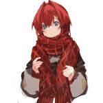 1girl ange_katrina blue_eyes closed_mouth eyebrows_visible_through_hair hair_between_eyes hair_ornament hairclip highres kawaguchi_(mojacome) nijisanji patterned patterned_clothing red_scarf redhead scarf short_hair simple_background sketch solo upper_body white_background wide_sleeves winter_clothes 