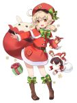  ahoge bangs baron_bunny beard bell belt blonde_hair boots christmas christmas_gift facial_hair genshin_impact hair_between_eyes highres klee_(genshin_impact) knee_boots low_twintails mearyo neck_bell neck_ribbon open_mouth pointy_ears red_eyes red_headwear ribbon santa_costume santa_dress twintails white_background 