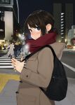  3boys 5girls bag blush boots brown_eyes brown_hair building city closed_eyes coat commentary_request crosswalk dark-skinned_girl_(yomu_(sgt_epper)) dark_skin douki-chan&#039;s_rival_(yomu_(sgt_epper)) douki-chan_(yomu_(sgt_epper)) ganbare_douki-chan highres medium_hair multiple_boys multiple_girls night pantyhose scarf short_hair skirt translation_request winter_clothes yomu_(sgt_epper) 