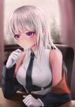  1girl :/ absurdres azur_lane bare_shoulders black_jacket black_neckwear blush breasts curtains enterprise_(azur_lane) gloves highres huge_filesize indoors jacket large_breasts long_hair necktie off-shoulder_jacket shirt silver_hair sitting sleeveless sleeveless_shirt snowing solo table turbulence upper_body violet_eyes white_gloves white_shirt window 