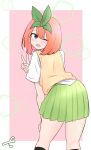  1girl ;d bangs black_legwear blue_eyes blush eyebrows_behind_hair from_behind go-toubun_no_hanayome green_ribbon green_skirt hair_between_eyes hair_ribbon hand_up highres kneehighs kujou_karasuma looking_at_viewer looking_back nakano_yotsuba notice_lines one_eye_closed open_mouth orange_hair pink_background pleated_skirt ribbon shirt short_sleeves signature skirt smile solo standing sweater_vest two-tone_background v white_background white_shirt 