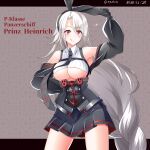  1girl :q absurdly_long_hair absurdres anchor_symbol animal_ears azur_lane bare_shoulders black_gloves black_hairband black_skirt braid breasts character_name eyebrows_visible_through_hair fake_animal_ears gloves hair_between_eyes hairband hand_up hebitsukai-san highres iron_blood_(emblem) large_breasts long_hair miniskirt off_shoulder pleated_skirt prinz_heinrich_(azur_lane) rabbit_ears red_eyes silver_hair single_braid skirt solo tongue tongue_out under_boob very_long_hair 