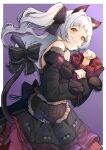  1girl animal_ears bare_shoulders black_bow black_ribbon black_skirt border bow cat_ears cat_tail commentary_request detached_sleeves fang gothic_lolita hair_ribbon highres hololive lolita_fashion long_hair long_sleeves looking_at_viewer mikan_(chipstar182) murasaki_shion paw_pose purple_background ribbon simple_background skin_fang skirt solo tail tail_bow tail_ornament virtual_youtuber white_border white_hair yellow_eyes 