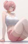  1girl absurdres bangs bare_shoulders blush breasts brown_eyes closed_mouth glasses highres large_breasts looking_at_viewer original pink_hair pink_shorts ponytail short_hair short_ponytail shorts sitting smile sports_bra thigh-highs thighs white_legwear yohan1754 