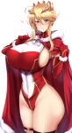  1girl ahoge artoria_pendragon_(all) artoria_pendragon_(lancer) bangs blonde_hair blush braid breasts covered_navel crown elbow_gloves fate/grand_order fate_(series) french_braid fur_trim gloves green_eyes hair_between_eyes highleg highleg_leotard huge_breasts kumakichi_(cost-lost) leotard long_hair looking_at_viewer red_gloves red_leotard sideboob sidelocks smile thighs 