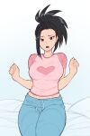  1girl :o bed black_eyes black_hair blue_pants blush boku_no_hero_academia breasts collarbone hair_pulled_back heart highres large_breasts long_hair looking_at_viewer midriff on_bed open_mouth pajamas pants pink_shirt ponytail shirt short_sleeves sitting solo suoiresnu sweatpants t-shirt w_arms yaoyorozu_momo 