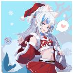  1girl animal_ears belt bloop_(gawr_gura) blue_eyes blue_hair blush breasts bubble carrying_over_shoulder cat_ears christmas cowboy_shot crop_top detached_sleeves english_commentary fish_tail gawr_gura gift_bag hair_ornament hat heart highres hololive hololive_english kemonomimi_mode light_blue_background lobster_delta long_hair looking_at_viewer midriff miniskirt multicolored_hair navel open_mouth pleated_skirt pom_pom_(clothes) red_headwear red_shirt red_skirt santa_costume santa_hat shark_hair_ornament shark_tail sharp_teeth shirt short_twintails silver_hair simple_background skirt small_breasts smile snowflakes solo spoken_heart streaked_hair tail teeth twintails two-tone_hair two_side_up virtual_youtuber waving wide_sleeves 