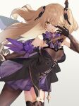  1girl bangs bare_shoulders blonde_hair blush bodystocking bow breasts eyepatch fischl_(genshin_impact) garter_straps genshin_impact gloves green_eyes hair_over_one_eye highres long_hair looking_at_viewer purple_bow purple_neckwear single_glove single_leg_pantyhose single_thighhigh sino42 small_breasts solo thigh-highs thighs two_side_up 