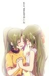  2girls :d beige_sweater closed_eyes eyebrows_behind_hair green_hair higurashi_no_naku_koro_ni holding_hands long_hair multiple_girls nuancho open_mouth ponytail ribbon shirt short_hair siblings sisters smile sonozaki_mion sonozaki_shion sweater turtleneck turtleneck_sweater twins white_background yellow_ribbon yellow_shirt 