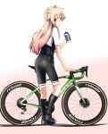  1girl adapted_costume bicycle bike_shorts black_footwear black_legwear black_ribbon black_shorts blonde_hair bottle full_body gradient gradient_background ground_vehicle hair_flaps hair_ribbon kantai_collection kazu_(really_in_hot_water_now) kneehighs long_hair looking_at_viewer mountain_bicycle red_eyes remodel_(kantai_collection) ribbon shorts smile solo standing two-tone_shirt water_bottle yuudachi_(kantai_collection) 